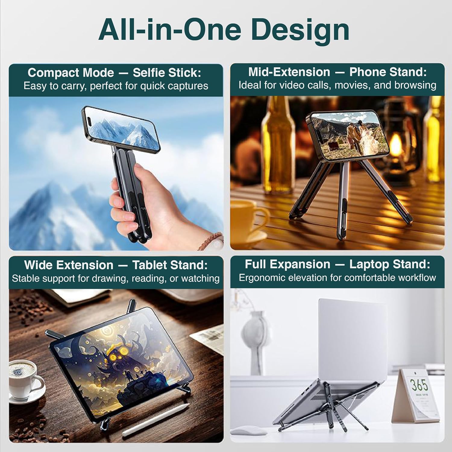 Quality Valley 6-in-1 Magnetic Foldable Phone Stand | Laptop Stand | Tablet Holder | Selfie Stick | Tripod