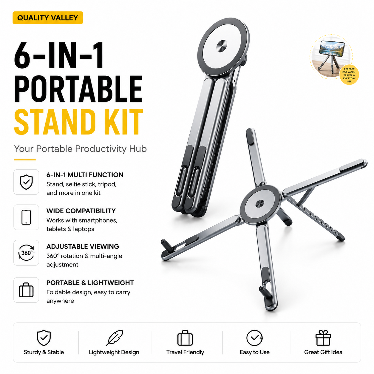 Quality Valley 6-in-1 Magnetic Foldable Phone Stand | Laptop Stand | Tablet Holder | Selfie Stick | Tripod
