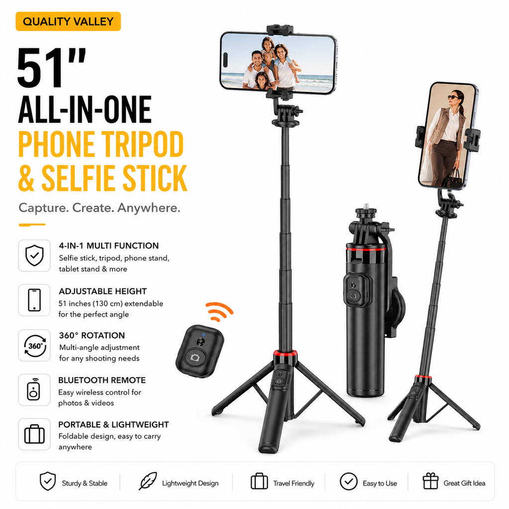 Quality Valley 51" All-in-One Selfie Stick & Tripod | Magnetic MagSafe Phone Stand with Bluetooth Remote & Universal Phone Clip