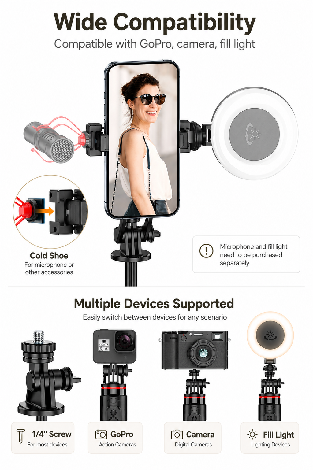 Quality Valley 51" All-in-One Selfie Stick & Tripod | Magnetic MagSafe Phone Stand with Bluetooth Remote & Universal Phone Clip