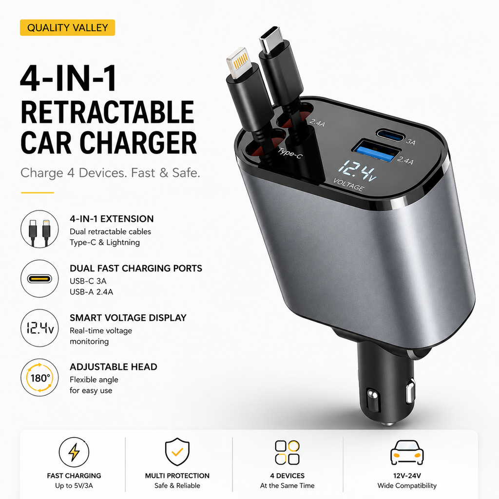 4-in-1 Retractable Fast Car Charger with LED Display