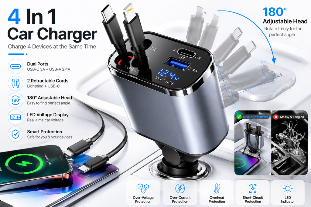 4-in-1 Retractable Fast Car Charger with LED Display