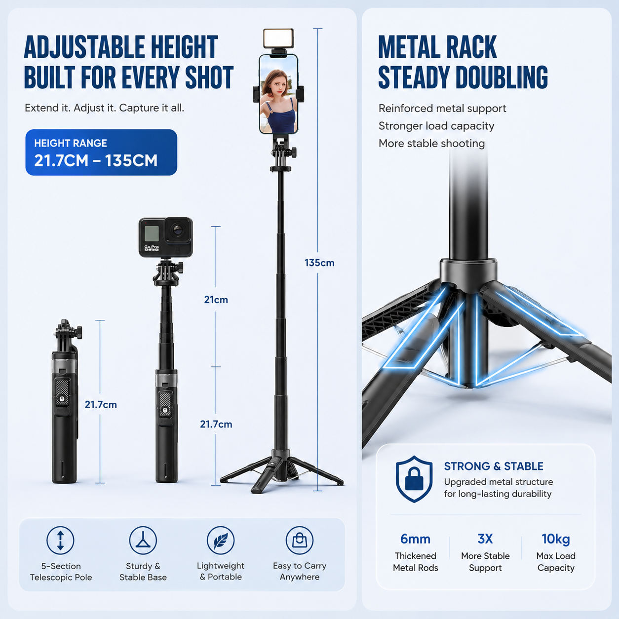 All-in-One Selfie Stick Tripod with Detachable Fill Light & Wireless Remote | 135cm | Quality Valley