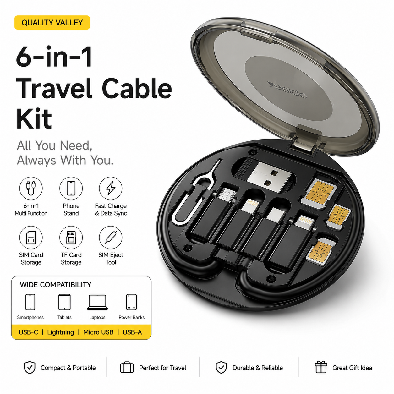 6-in-1 Travel Cable Kit | Fast Charging, SIM Storage & Phone Stand