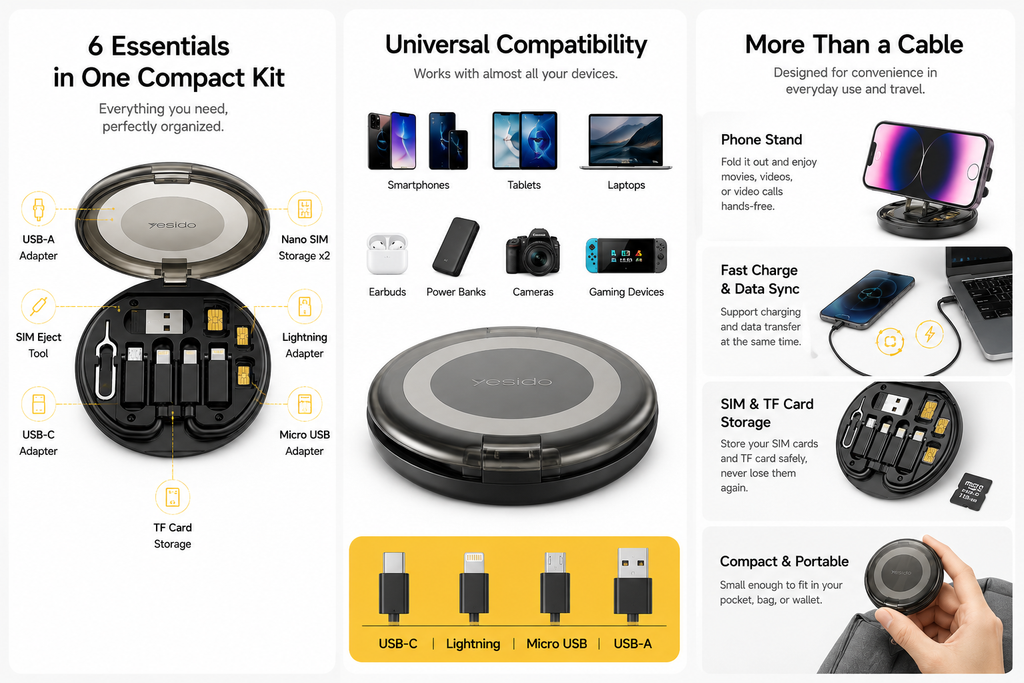 6-in-1 Travel Cable Kit | Fast Charging, SIM Storage & Phone Stand