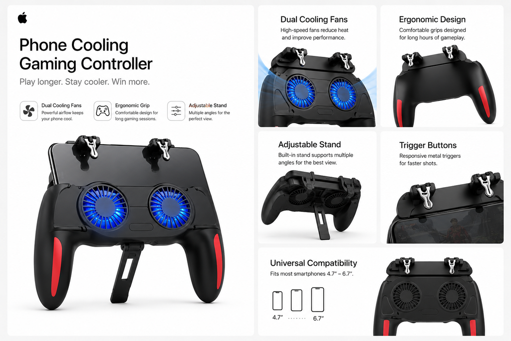 Mobile Gaming Cooling Controller with Dual Fans & Triggers