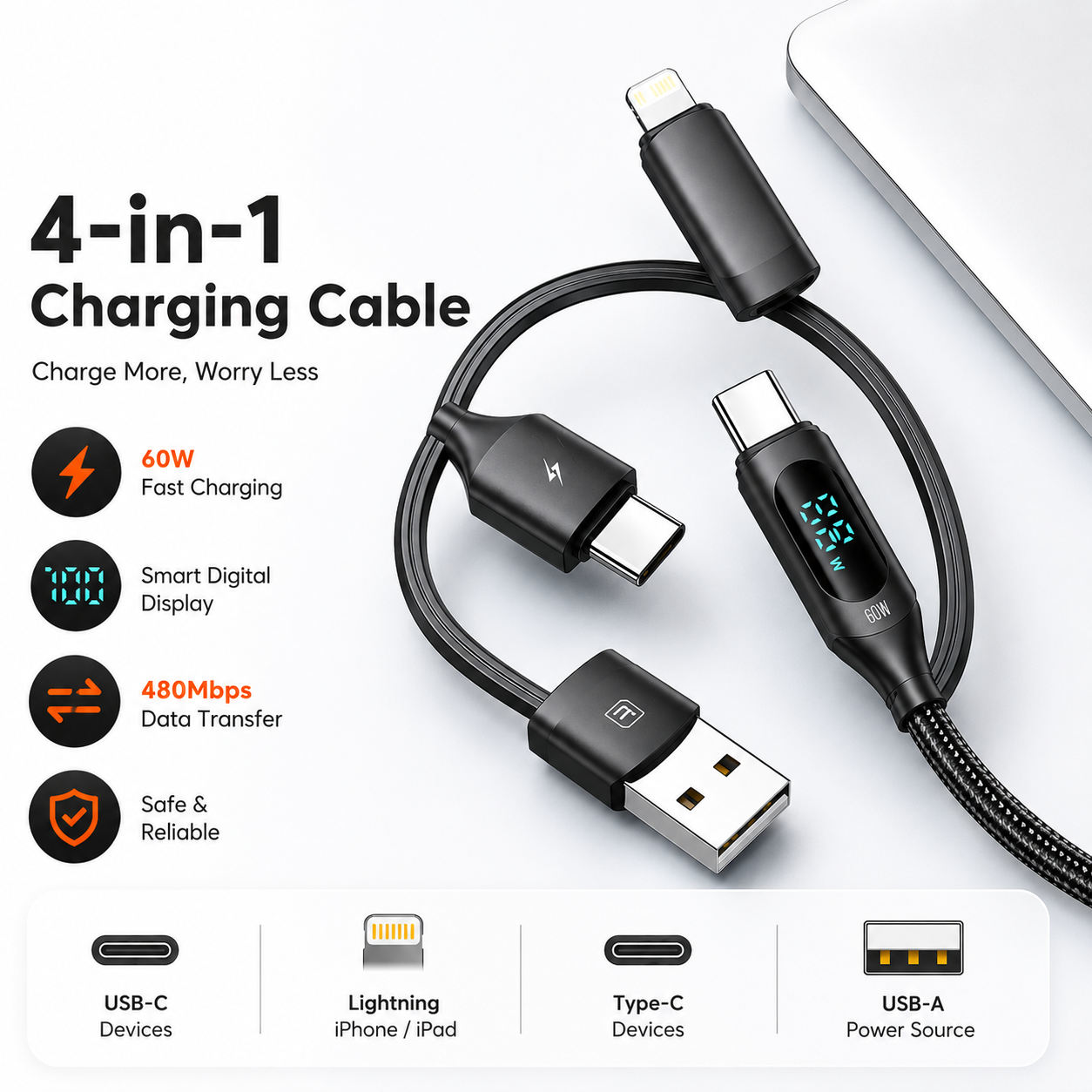 4-in-1 Fast Charging Cable 60W Digital Display