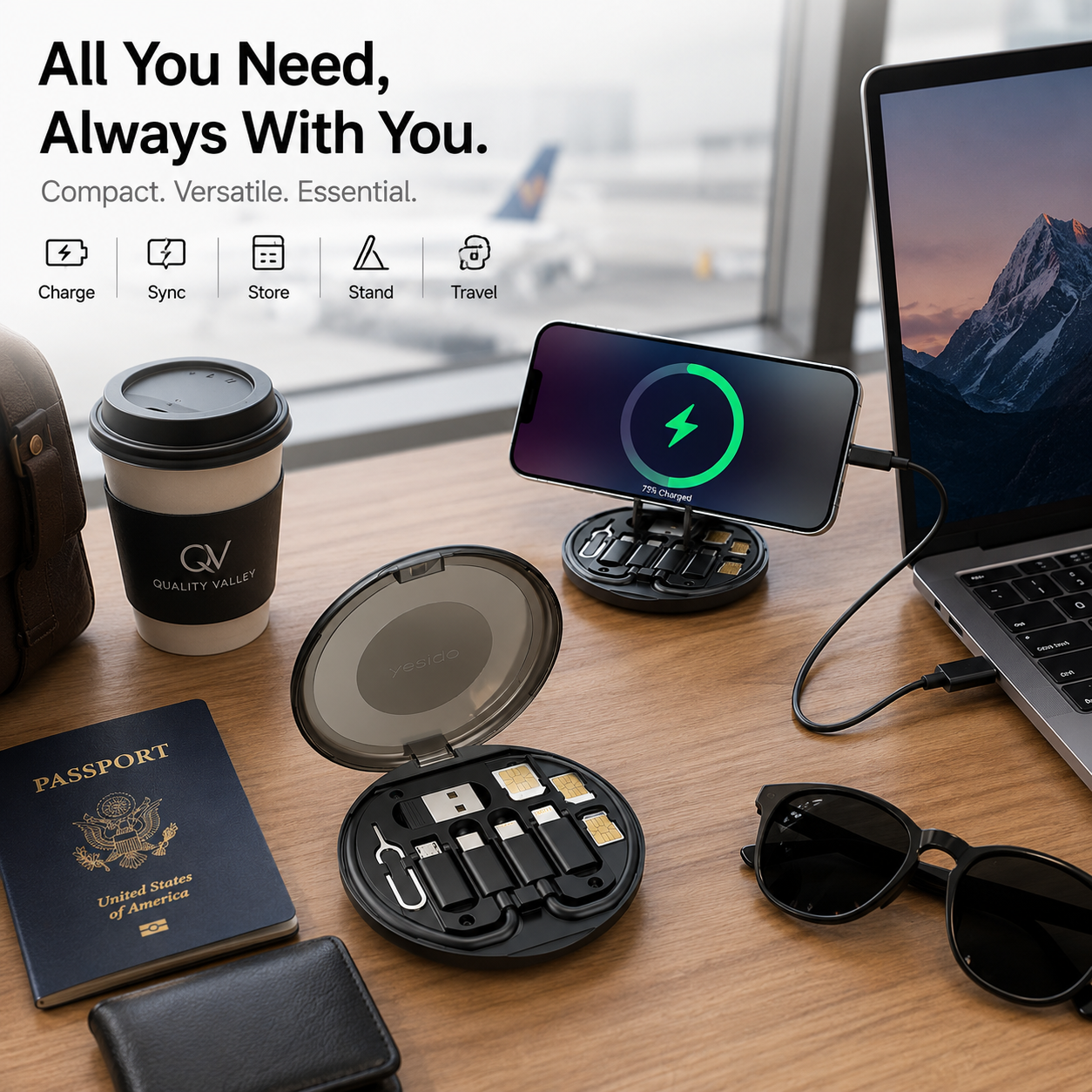 6-in-1 Travel Cable Kit | Fast Charging, SIM Storage & Phone Stand